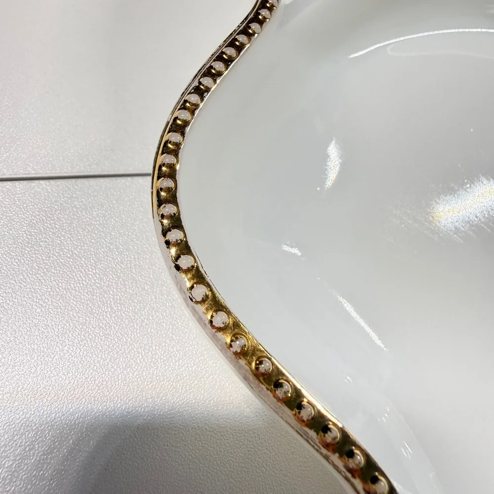 2 FIRE-KING Vintage White Milk Glass Gold Beaded Trim Serving Platter Relish
